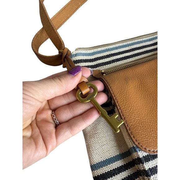 Fossil  Striped Fabric Brown Leather Trim Crossbody Shoulder Bag - Picture 9 of 9